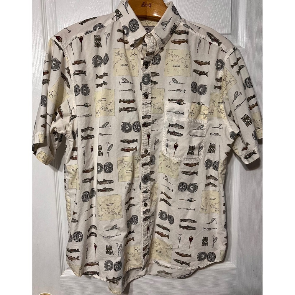 Wrangler Rugged Wear Mens Yellowstone Fishing Print Short Sleeve Shirt Cream XL